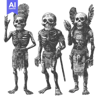 Aset desain premium: Three Skeletons in Ancient Mayan Garb