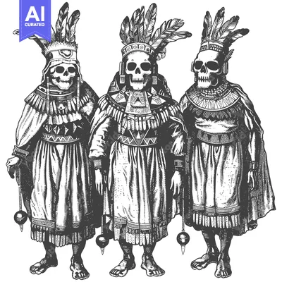 Three Skull Figures Wearing Feathered Headwear and Elaborate Clothing