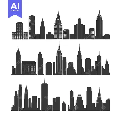 Three Skyline Silhouettes of Modern Cities with Tall Buildings