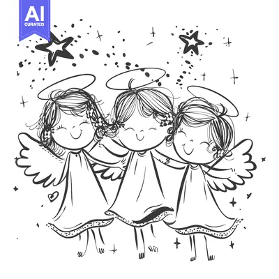 Three Smiling Angels with Haloes and Wings Surrounded by Stars