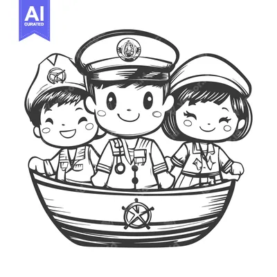 Three Smiling Cartoon Children in a Boat with a Steering Wheel