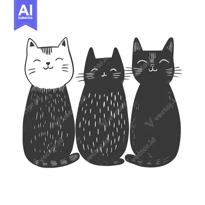 Aset desain premium: Three Smiling Cats Sitting Side-by-Side in a Hand-Drawn Style