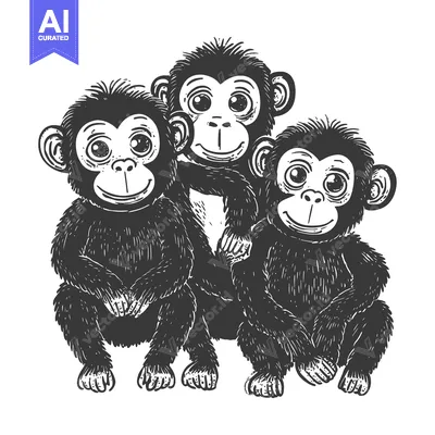 Aset premium populer: Three Smiling Chimpanzees Sitting Together in a Group