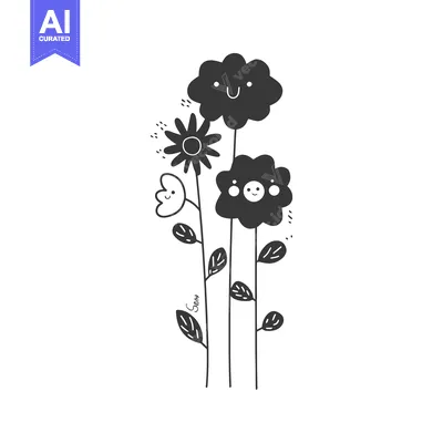 Three Smiling Flowers with Leaves and Stems