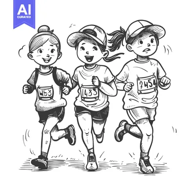 Aset desain premium: Three Smiling Girls Running with Race Numbers