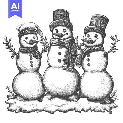 Three Smiling Snowmen Standing on a Snowy Ground