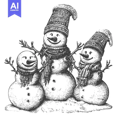 Three Smiling Snowmen Wearing Hats and Scarves