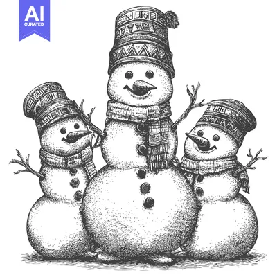 Three Smiling Snowmen Wearing Hats and Scarves