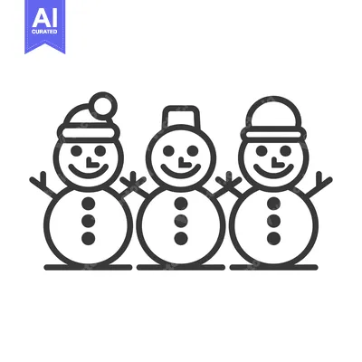 Three smiling snowmen wearing hats standing in a row