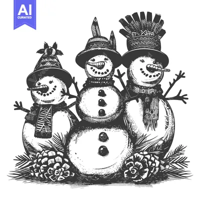 Three Snowmen Wearing Festive Hats and Scarves