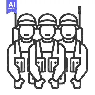 Three Soldiers in Line with Backpacks and Helmets