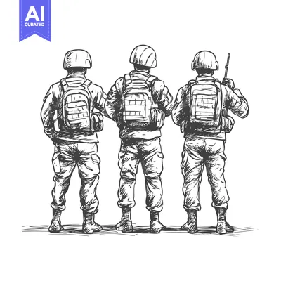 Three Soldiers in Uniform, Back View, Sketch