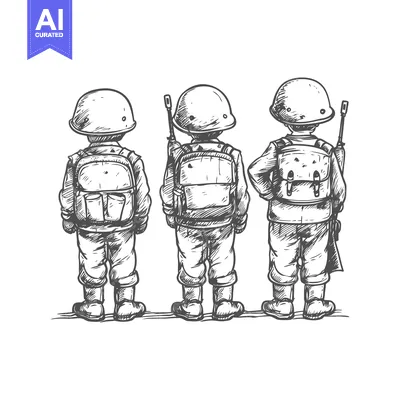 Three Soldiers Standing in Formation, Viewed From Behind, Hand-Drawn S