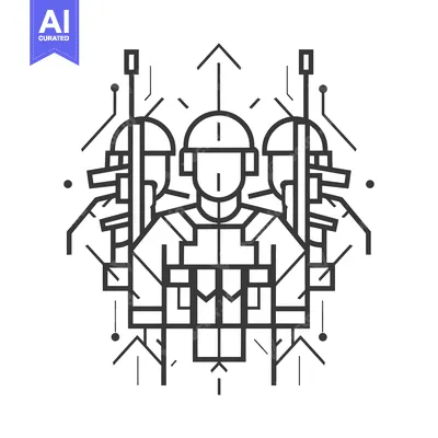 Three Soldiers Standing Together Holding Rifles in a Geometric Pattern