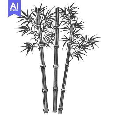Three stalks of bamboo with leaves in black and white illustration