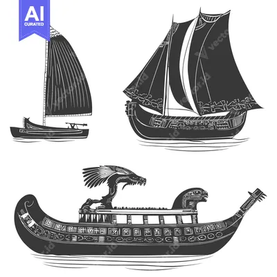 Three Stylized Ancient Ships with Decorative Details