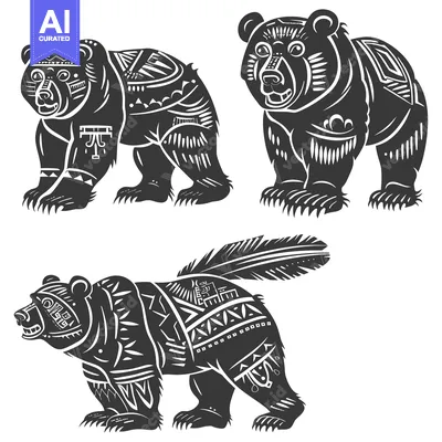 Aset premium populer: Three Stylized Black Bears with Geometric Patterns and Feathers