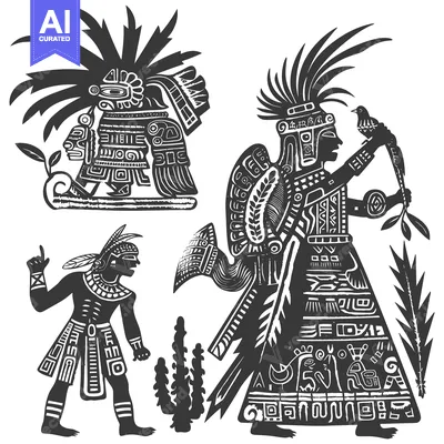 Three Stylized Figures in Traditional Aztec Clothing and Headdresses