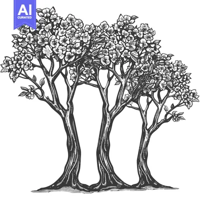 Three Trees Blooming with White Flowers
