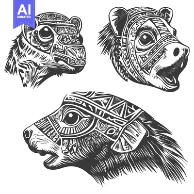 Aset premium populer: Three Tribal-Style Animal Heads with Intricate Designs