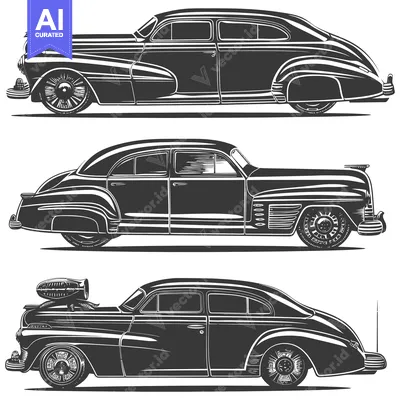 Aset premium populer: Three Vintage Cars Illustrated in Black and White