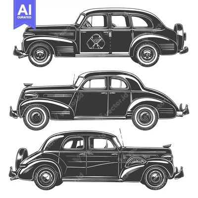 Three Vintage Classic Cars in Black and White Illustration