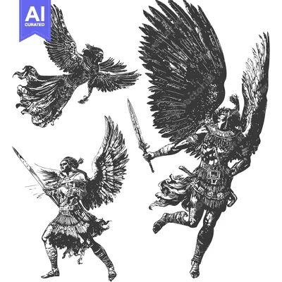 Three Winged Warriors With Swords in Flight