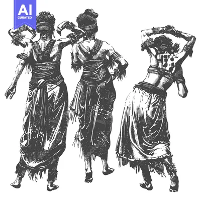 Aset desain premium: Three Women in Traditional Tribal Attire Facing Away from the Viewer