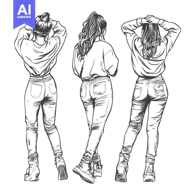 Three Women Wearing Jeans and Sweatshirts from Behind