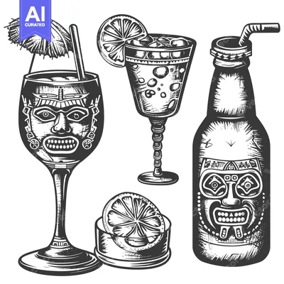 Tiki-Themed Cocktails with a  Tiki Bottle and Glass