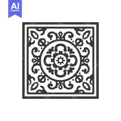 Ornate Square Tile Design with Floral and Geometric Elements in Black