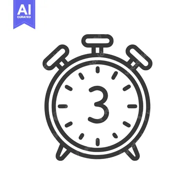 Alarm Clock Icon with Number 3, Minimalist Line Art Style