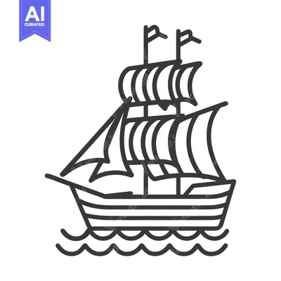 Aset desain premium: A Black and White Outline Illustration of a Sailing Ship