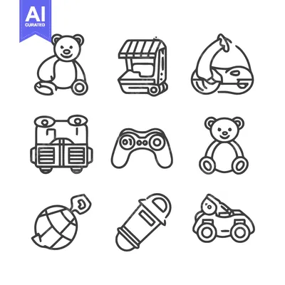 Playful Toy Icons: Line Art Grid of Childhood Objects and Games