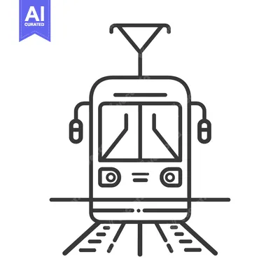 Aset desain premium: A Black and White Outline Illustration of a Tram on Tracks