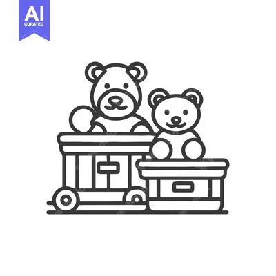 Minimalist Line Art: Two Teddy Bears in Toy Boxes on Wheels, Black Out