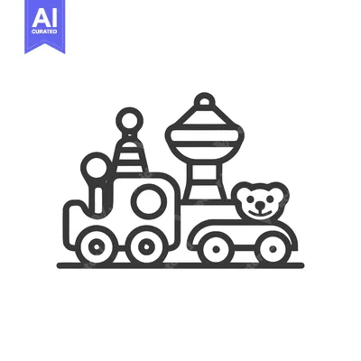 Whimsical Toy Train Icon with Teddy Bear Carriages in Simple Line Art