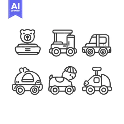 Playful Toy Car Collection: Minimalist Line Art Icons on White Backgro