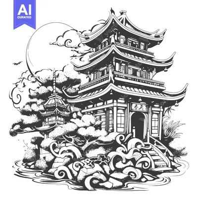 Traditional Chinese Pagoda with Surrounding Trees and Water