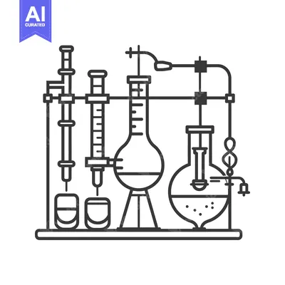 A black and white outline illustration of laboratory glassware and equ