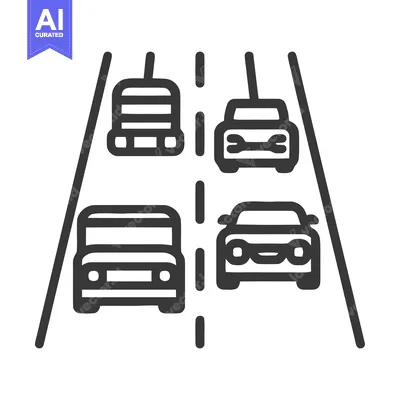Highway Traffic Icon: Four Cars on Road with Lane Markings, Minimalist