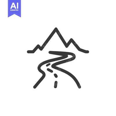 Aset desain premium: Minimalist Mountain Landscape Icon with Winding River Illustration
