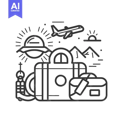 Premium design asset: Travel and Adventure Illustrated with Luggage, Airplane, and Mountains