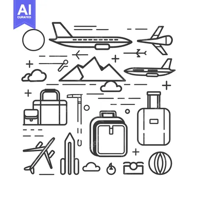 Aset desain premium: Travel Essentials:  Line Art Illustration of Airplanes, Luggage, and M