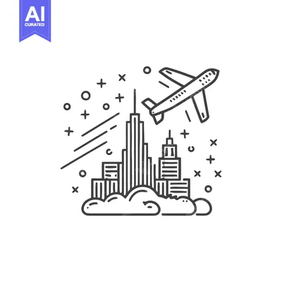 Airplane Flying Over Cityscape: Minimalist Black and White Line Art