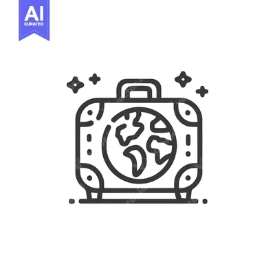 Aset premium populer: Global Adventure: Suitcase with Earth Icon and Sparkles, Line Art