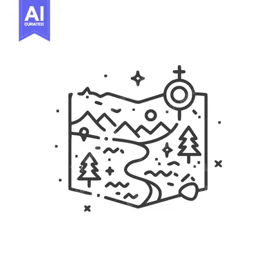 Minimalist Landscape Map Icon with Mountains, River, Trees, and Locati