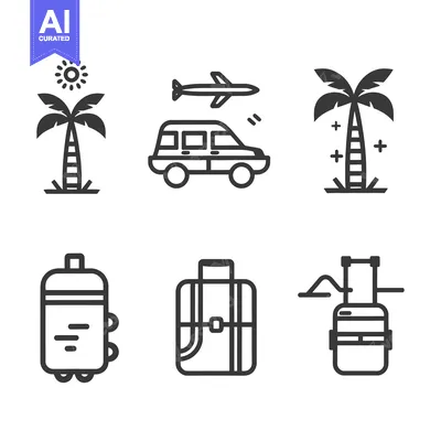 Aset premium populer: Travel Icons Set: Sun, Airplane, Palm Tree, Car, Backpack, Suitcase