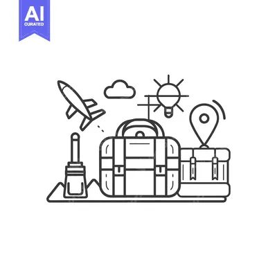 Aset premium populer: Travel Illustration with Airplane, Luggage, Sun, and Location Pin