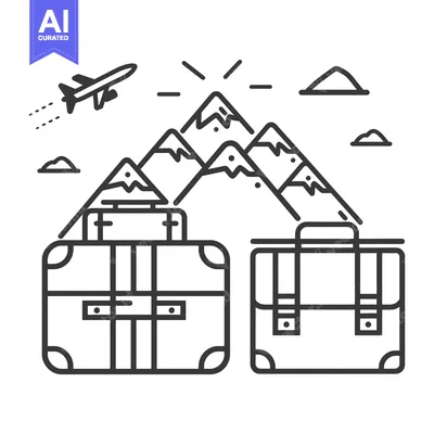 Premium design asset: Travel Luggage with Airplane and Mountains Illustration